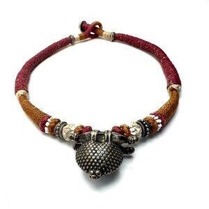 Tribal Silver Pendant Choker Burgundy Amber Hand-Wrapped EUC